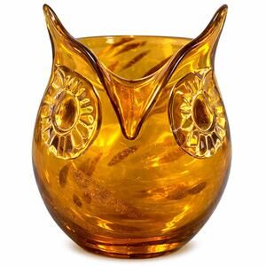Vintage Pier 1 Artist Collection Amber Art Glass Owl Vase Gold Swirl Handblown